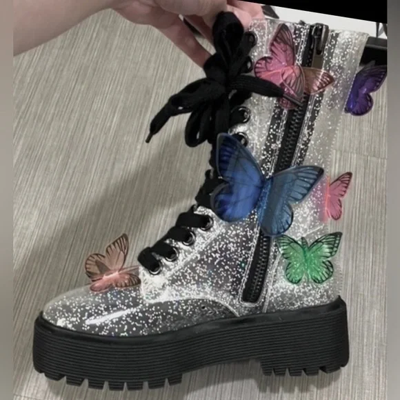 Dolls Kill Club EXX 3D butterfly Terrarium combat boots silver glitter size 5 - Picture 4 of 12